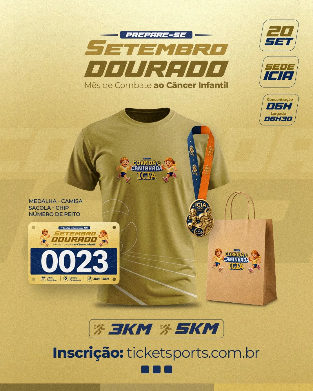 Kit oficial da Corrida e Caminhada ICIA com camisa, medalha, número de peito e sacola
